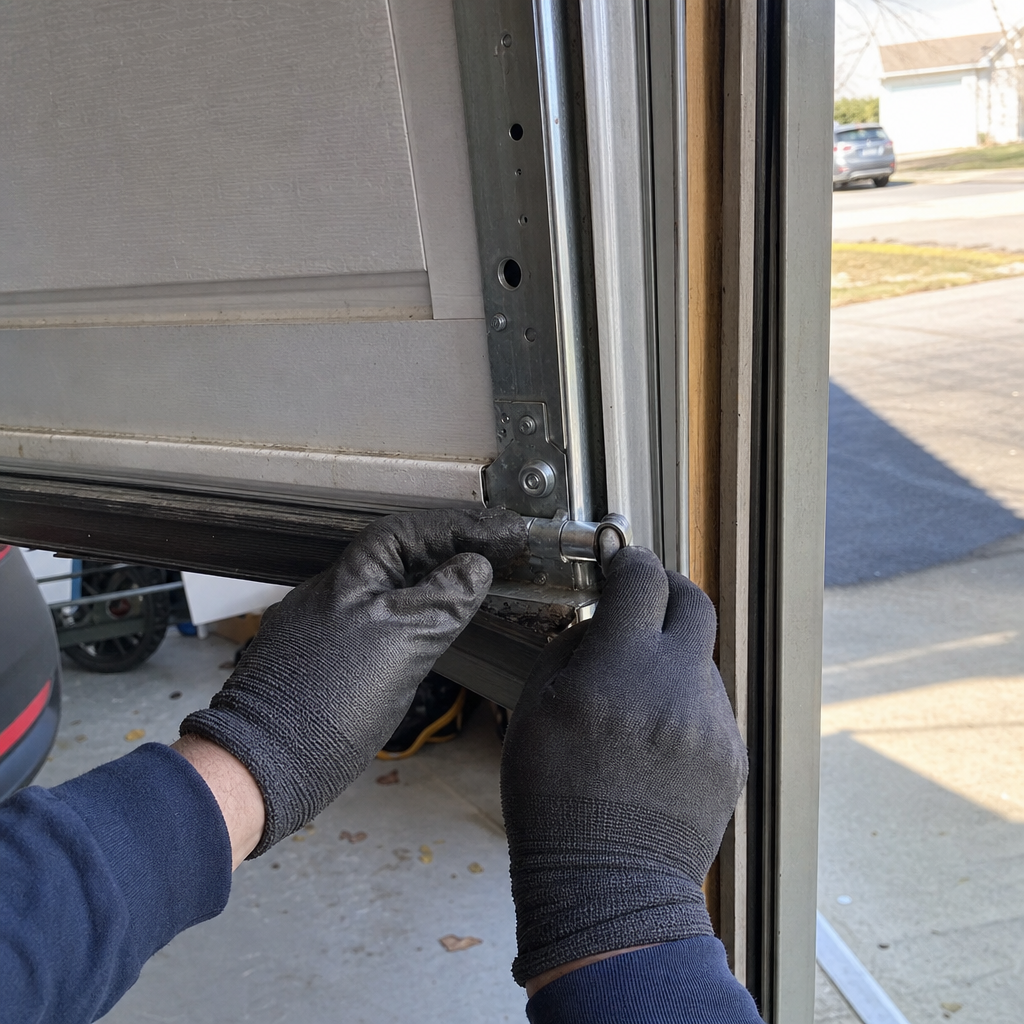 Technician performing emergency garage door hinge repair in Doylestown, PA