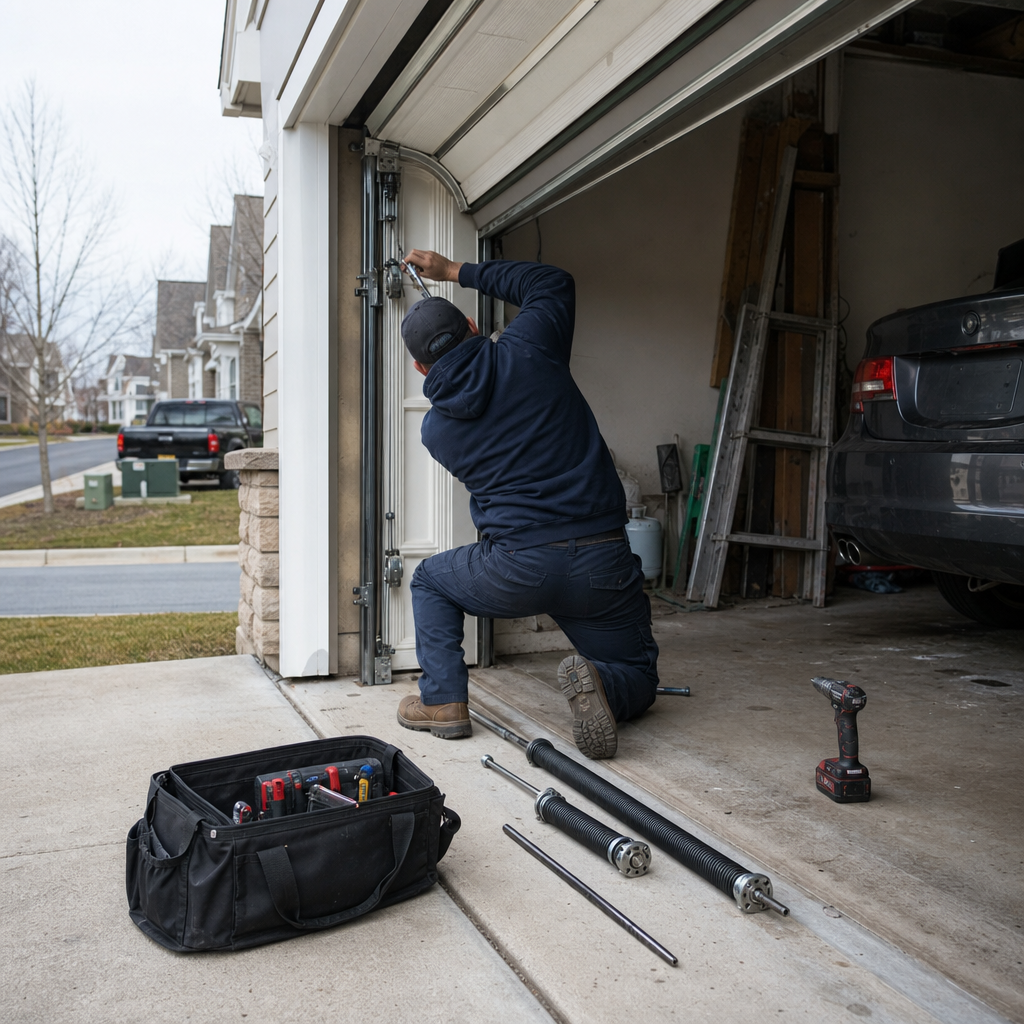 Technician performing emergency garage door repair with tools and replacement springs. in Hackettstown, PA