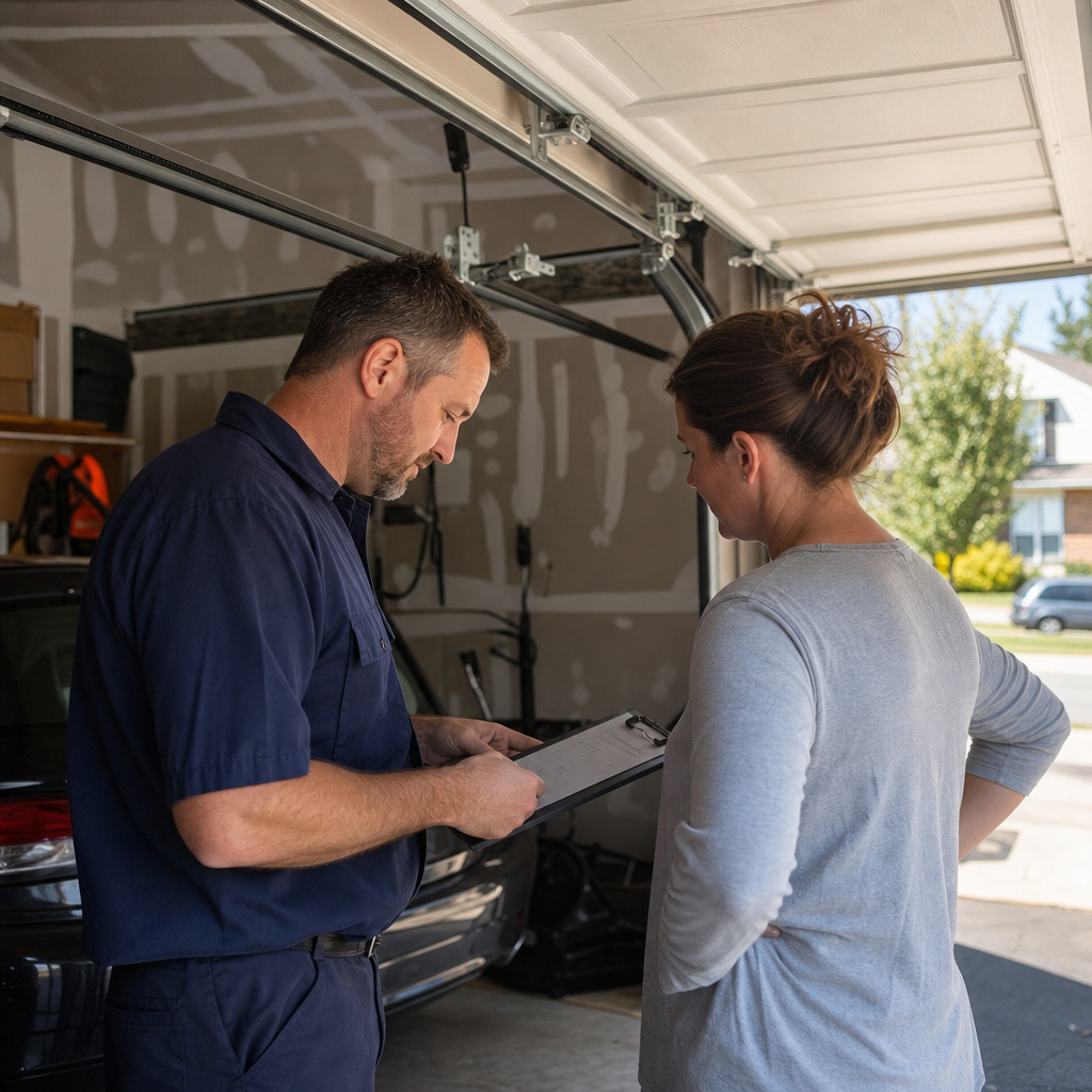 Garage door technician discussing repair service with a homeowner in a garage in Allentown, PA