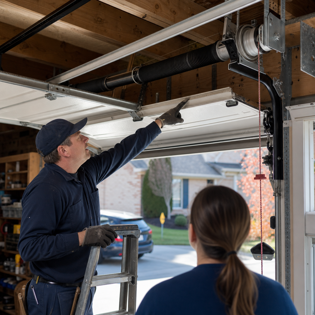 Garage door technician inspecting torsion spring and equipment for homeowner in Allentown, PA