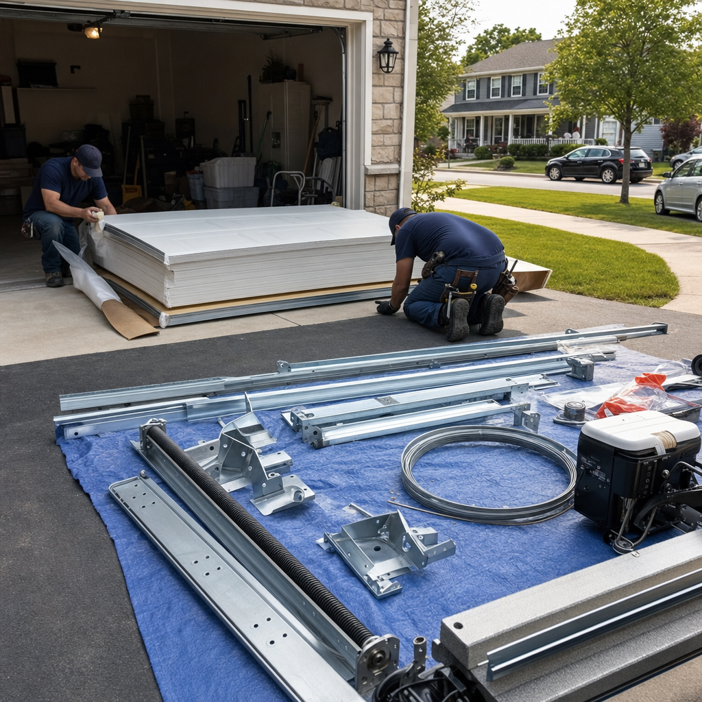 Two professional technicians installing a new residential garage door system in Allentown, PA