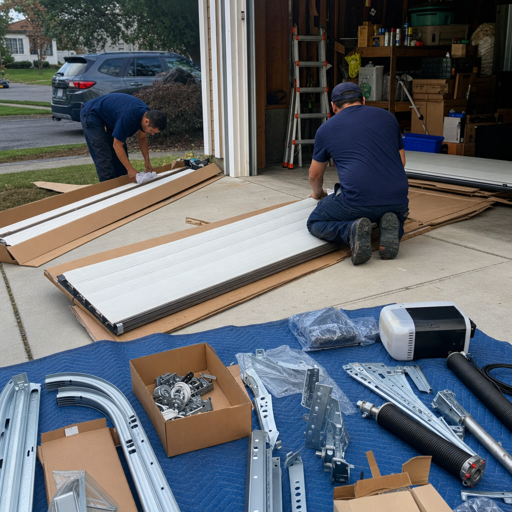Two professional technicians performing a residential garage door installation in Bethlehem, PA