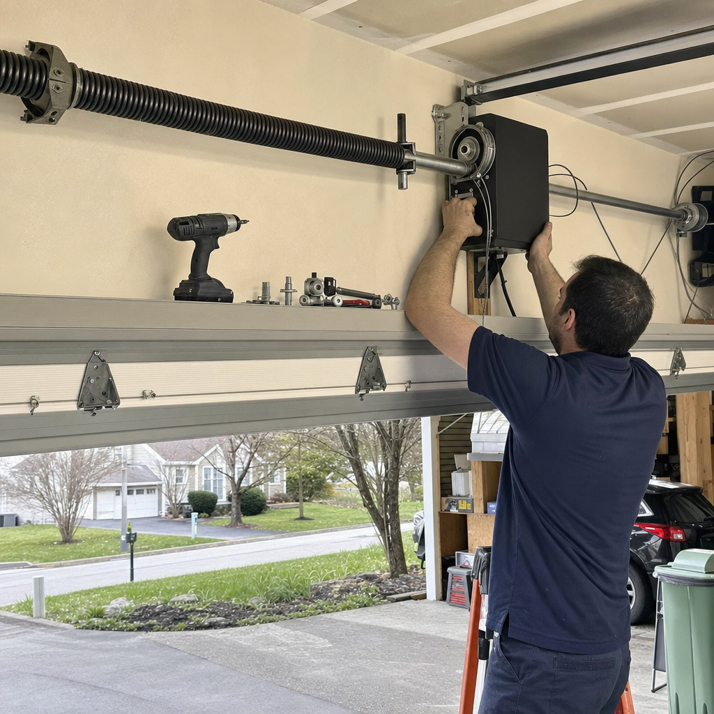 Technician installing a professional wall-mount garage door opener in Audubon, PA