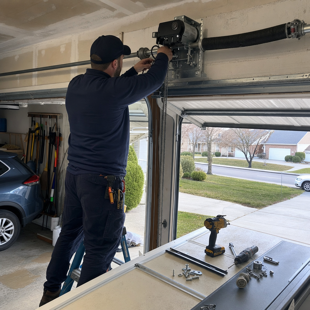 Technician installing a residential wall-mounted garage door opener in Hackettstown, PA