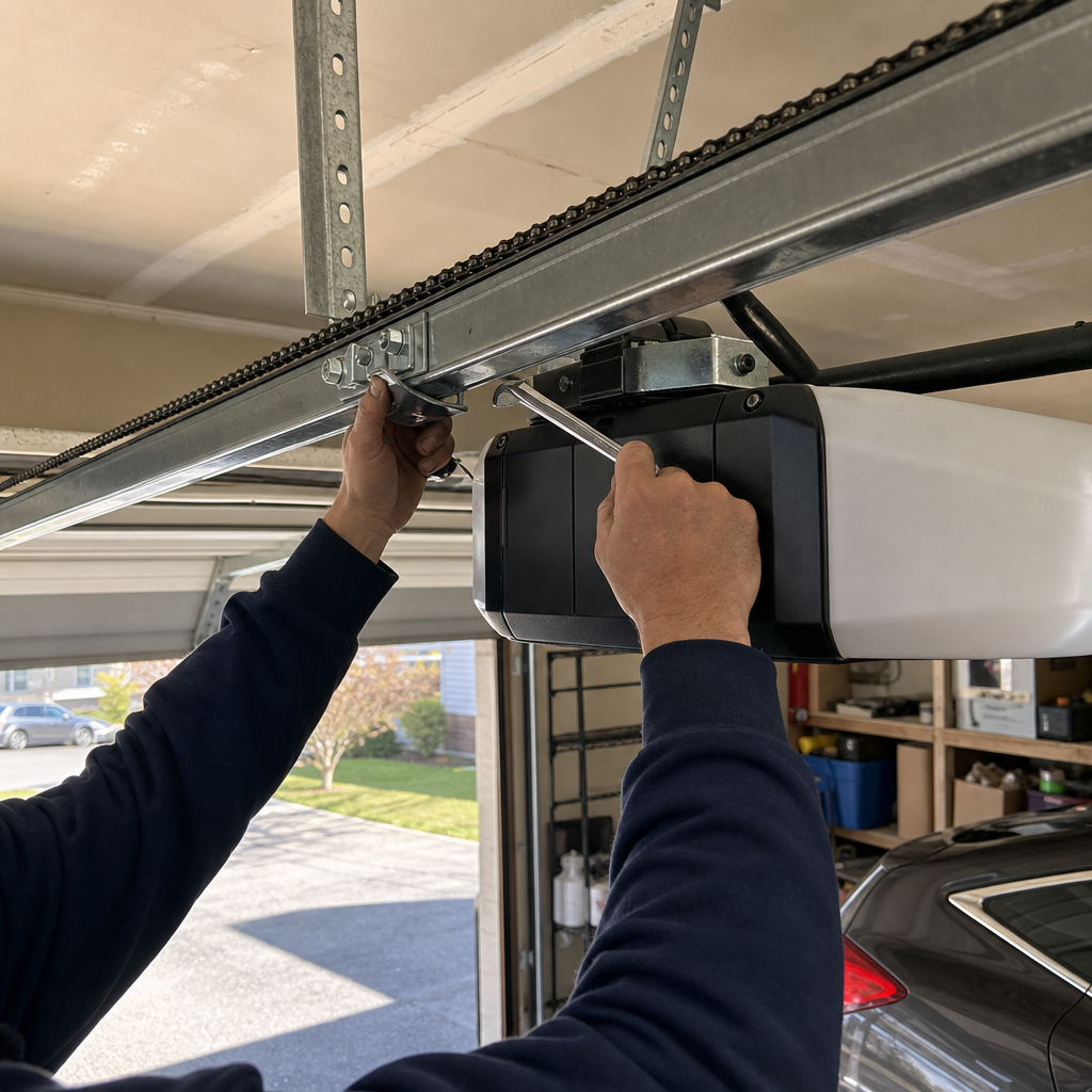Technician performing garage door opener installation and repair work in Hellertown, PA
