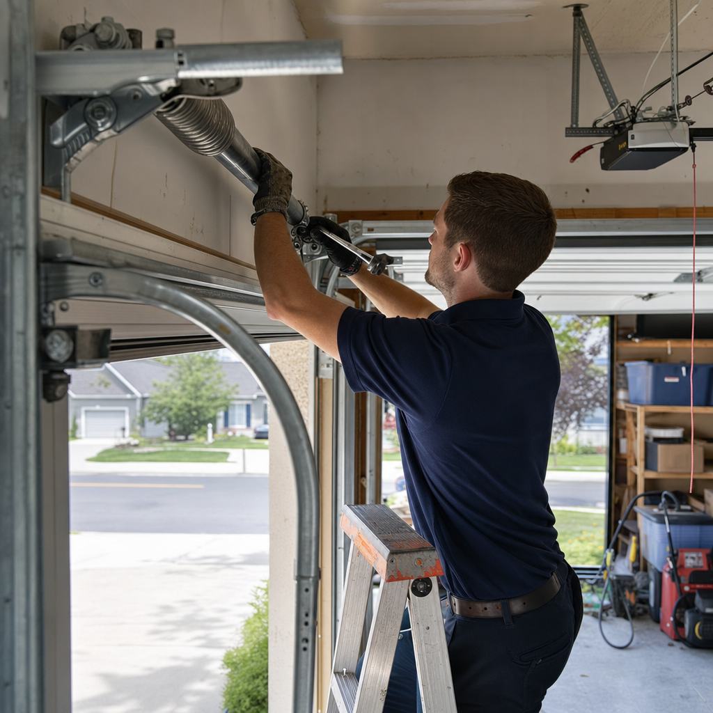 Professional technician repairing garage door torsion spring mechanism in Allentown, PA