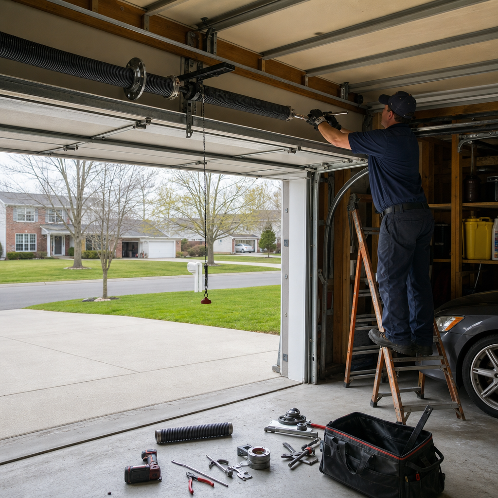Technician performing professional garage door spring repair and maintenance in Reading, PA