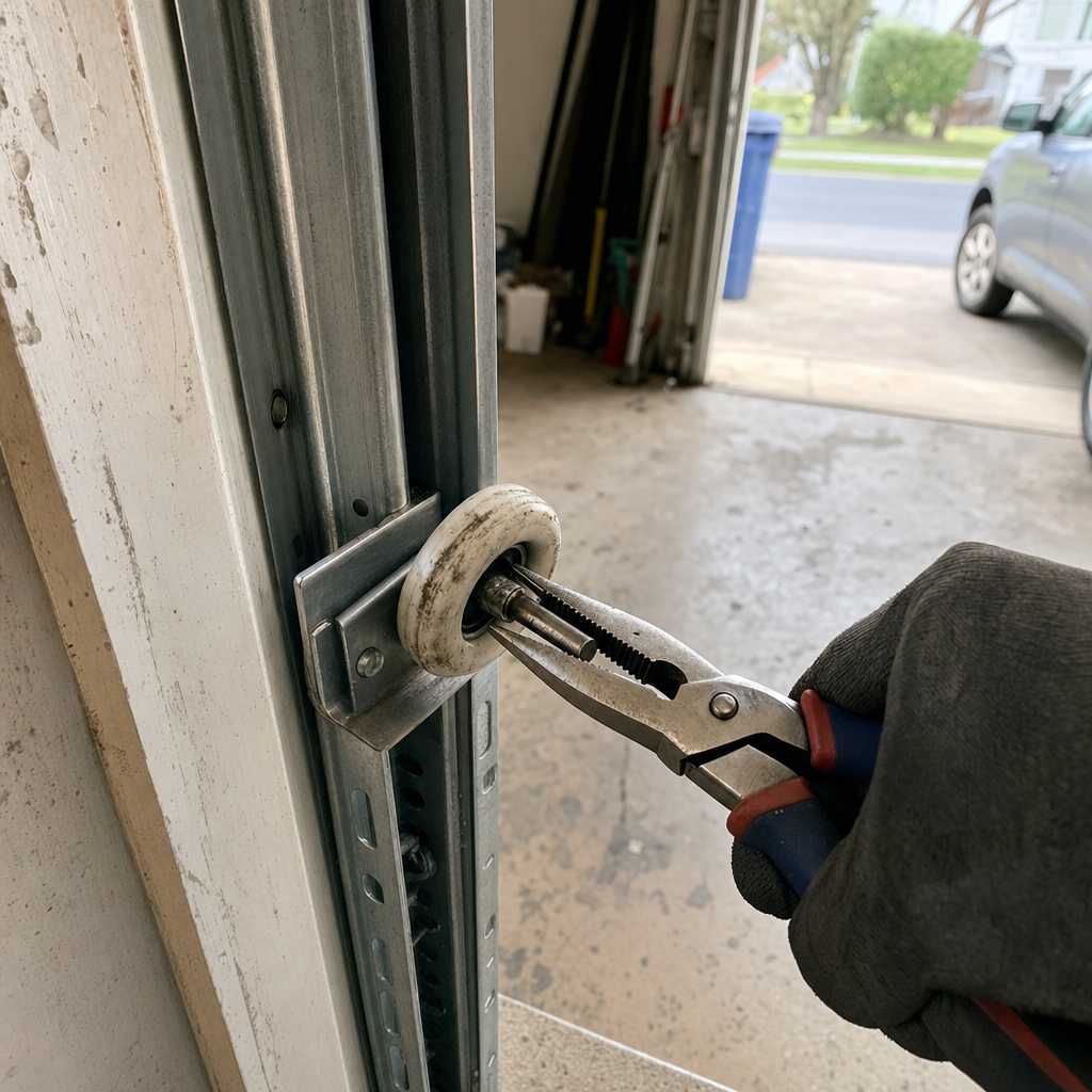 Professional technician repairing a worn garage door roller on a metal track in Emmaus, PA