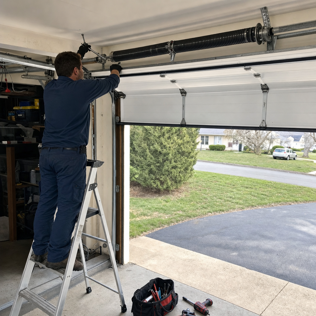 Technician performing professional garage door torsion spring repair in Limerick, PA