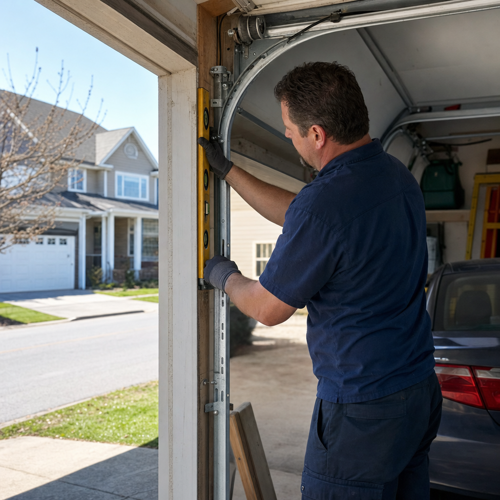 Technician using a level to check garage door track alignment in Bedminster, PA